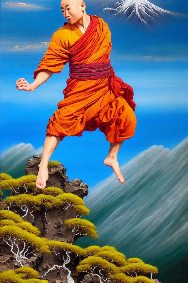 Monk in orange robes leaping over rocky cliffs with volcanic eruption.