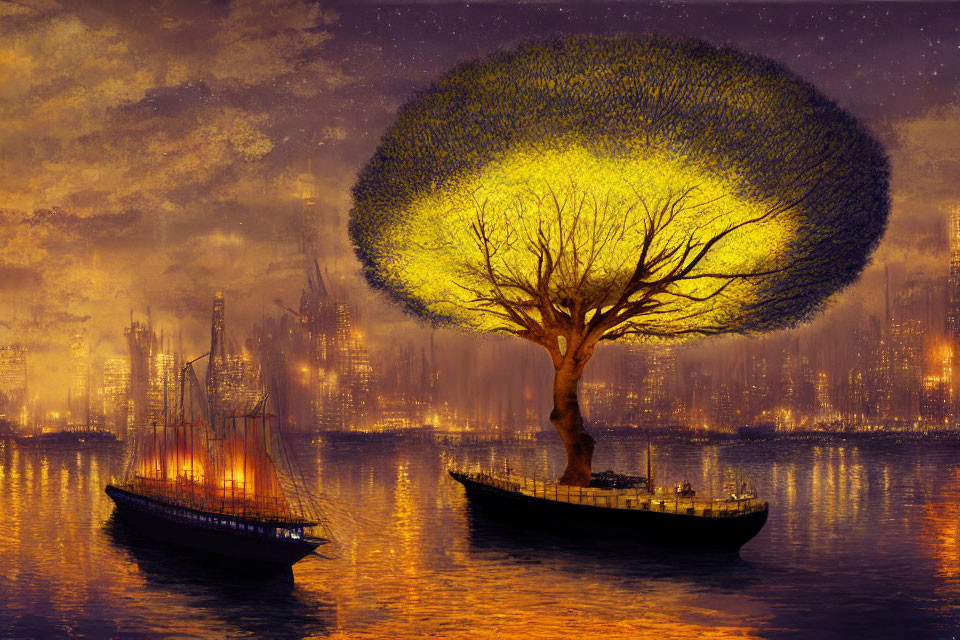 Glowing tree on island with ships, cityscape silhouette in orange sky