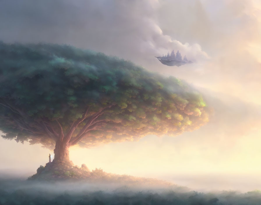 Majestic tree in misty landscape with floating city above