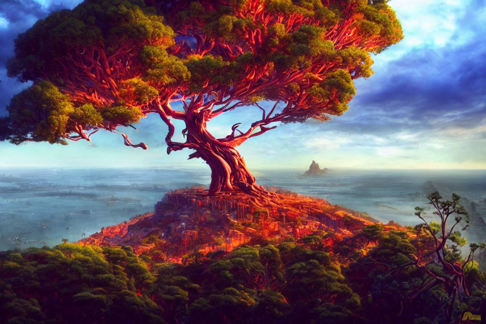 Fantastical image of massive tree with red canopy on rocky structure in misty landscape