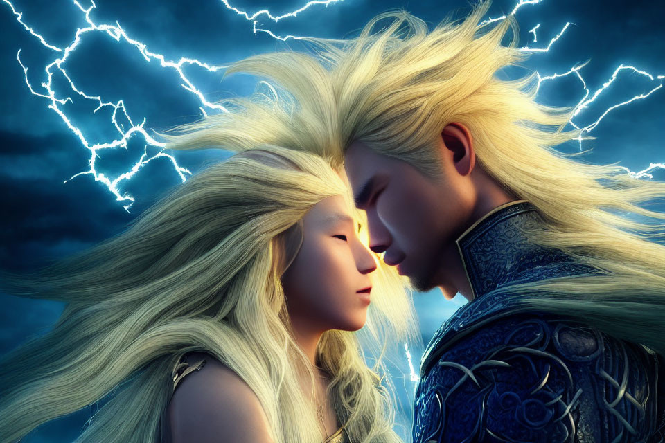 Two Blond-Haired Animated Characters Embrace Under Dramatic Lightning Sky