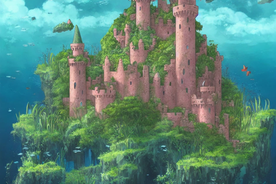 Underwater castle surrounded by greenery, fish, and sunlight.