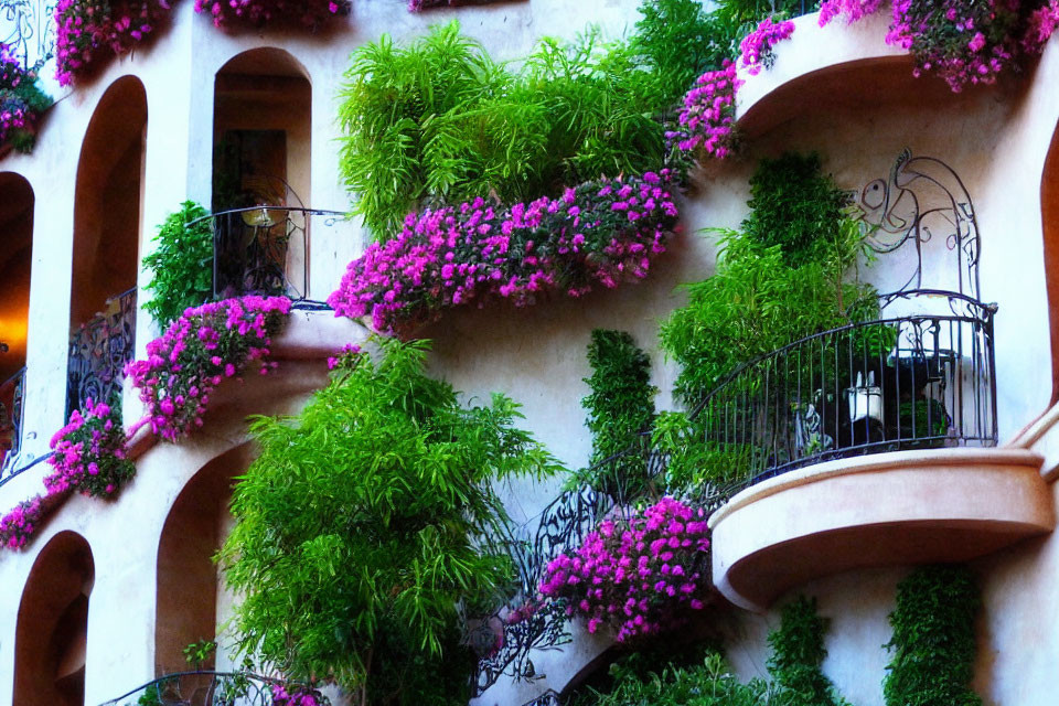 Vibrant pink flowers on charming building facade