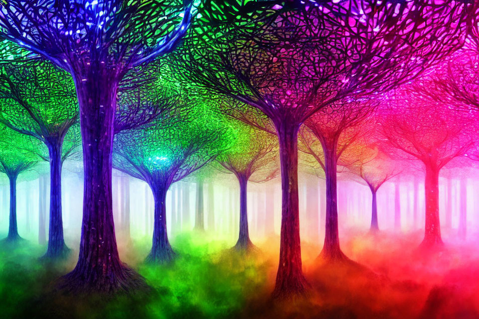 Colorful Digital Artwork: Vibrant Forest in Purple, Blue, Green, Yellow, and Pink