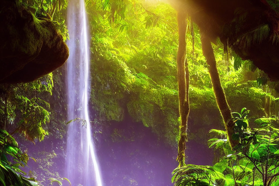 Tranquil waterfall in lush rainforest with sunlight