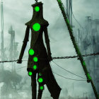 Giant figure with glowing green circles in foggy industrial setting