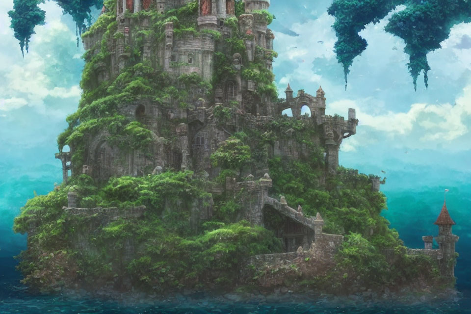Overgrown ancient tower in watery landscape with floating islands