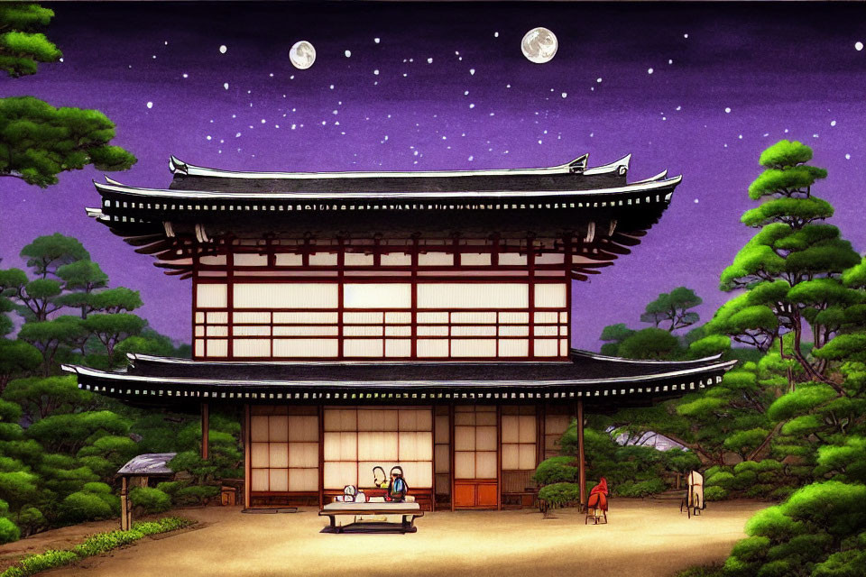 Traditional Japanese Building at Night with Two Moons and Starry Sky
