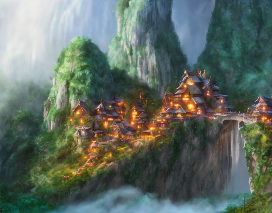 Scenic mountain village with traditional houses, lush greenery, and waterfall view