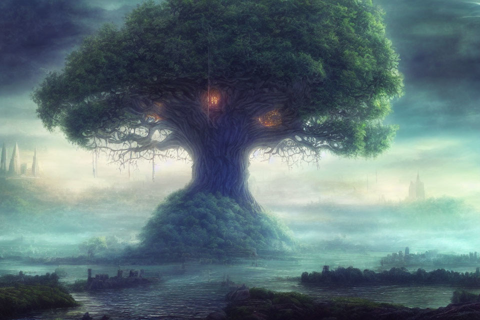 Mystical tree with glowing eyes in misty ruins and spires