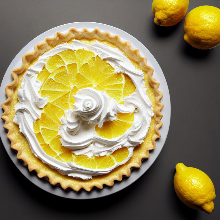 Lemon tart with whipped cream and sliced lemons on grey background