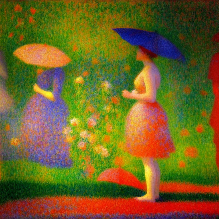 Impressionist-style painting of three figures with umbrellas in a vibrant flower garden