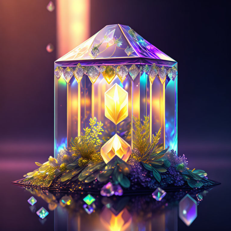 Luminous crystal lantern amidst lush greenery and sparkling gems