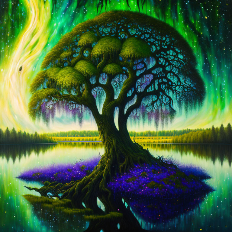 Majestic tree painting on islet with aurora sky and water reflection