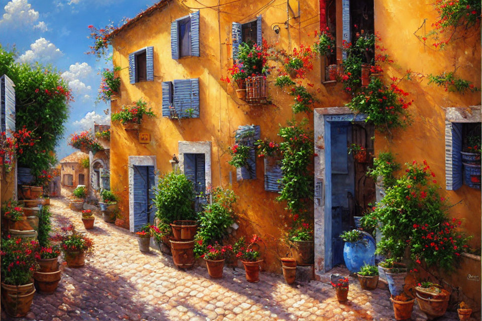 Picturesque cobblestone street with yellow houses, blue shutters, and red flowers.