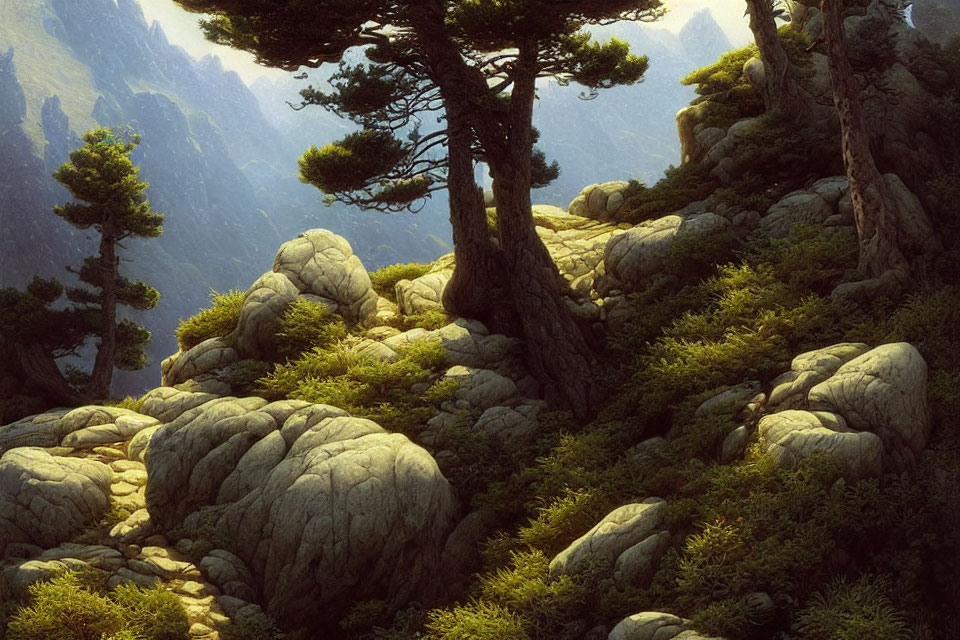 Verdant forest with rocky terrain and soft filtered light