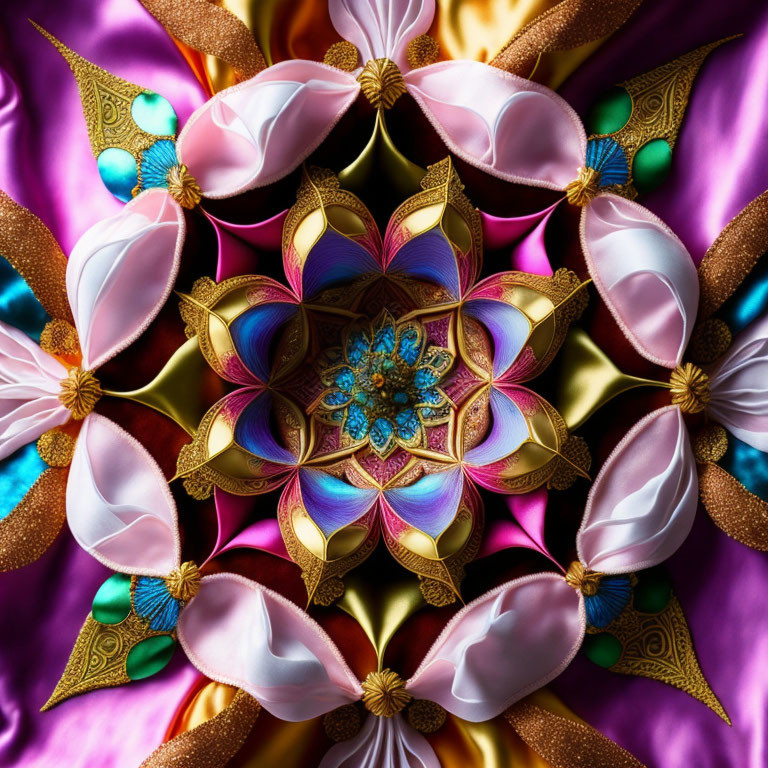 Symmetrical mandala design with textured petals in pink, gold, and blue hues on silky background