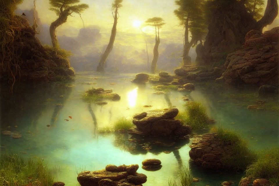 Tranquil forest pond with sunlight filtering through trees