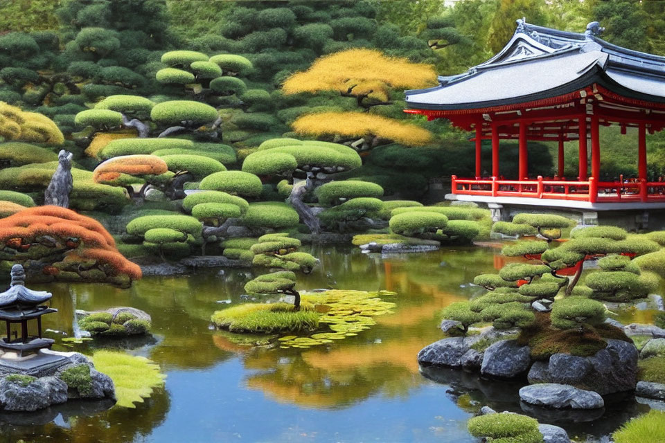 Tranquil Japanese garden with koi pond, red gazebo, and stone lantern