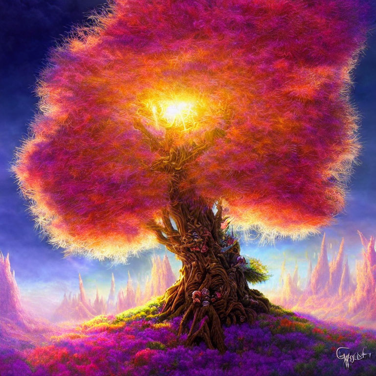Fantastical tree with luminous canopy in mystical purple landscape