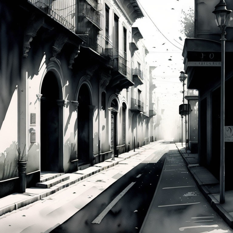Deserted street with classical buildings in monochrome art