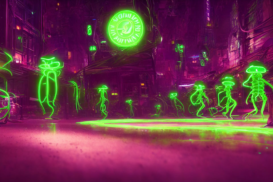 Futuristic neon-lit alley with glowing silhouettes and cyberpunk vibes