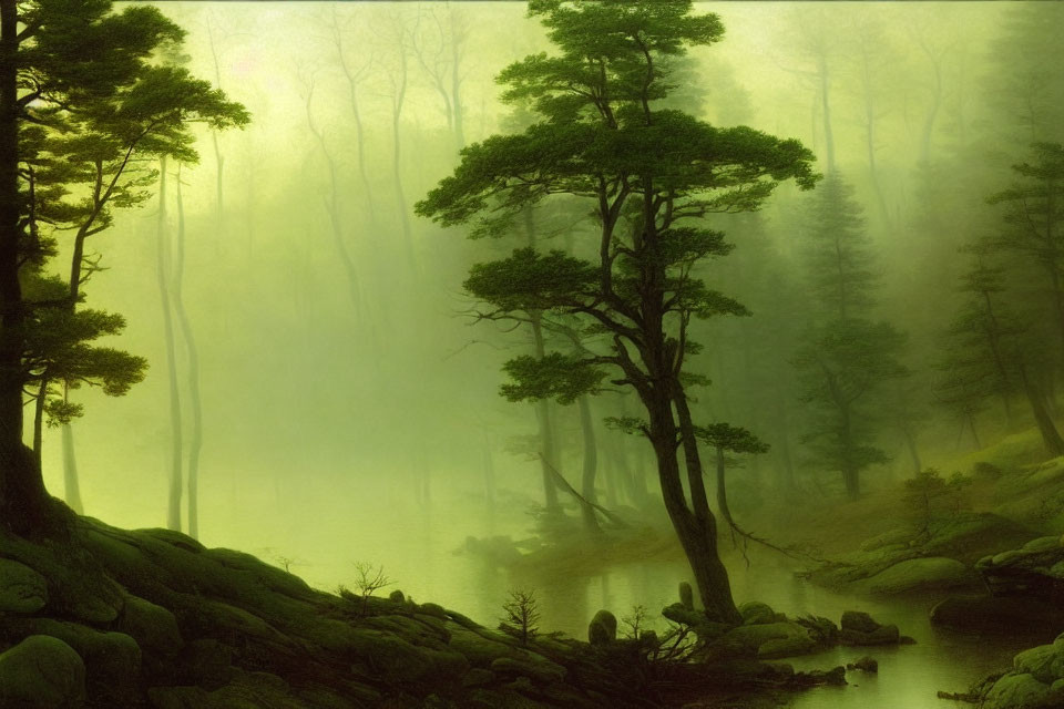 Misty forest with towering trees and rocks in tranquil light