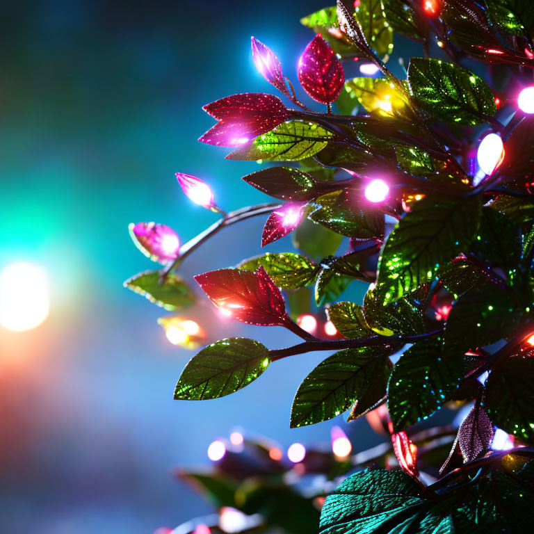 Multicolored Lights on Green Leaves with Bokeh Background