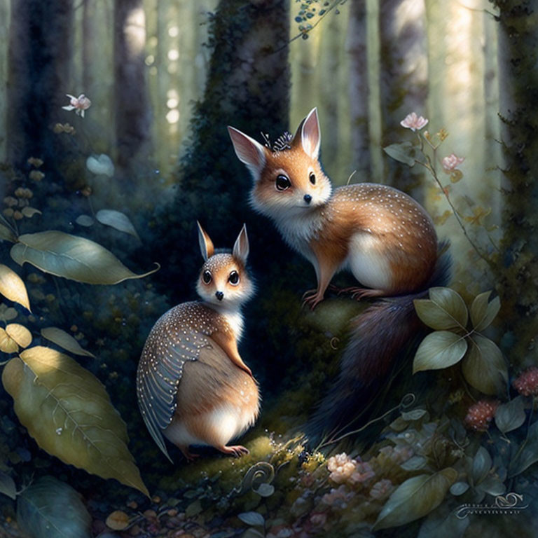 Whimsical fox and owl creatures in mystical forest