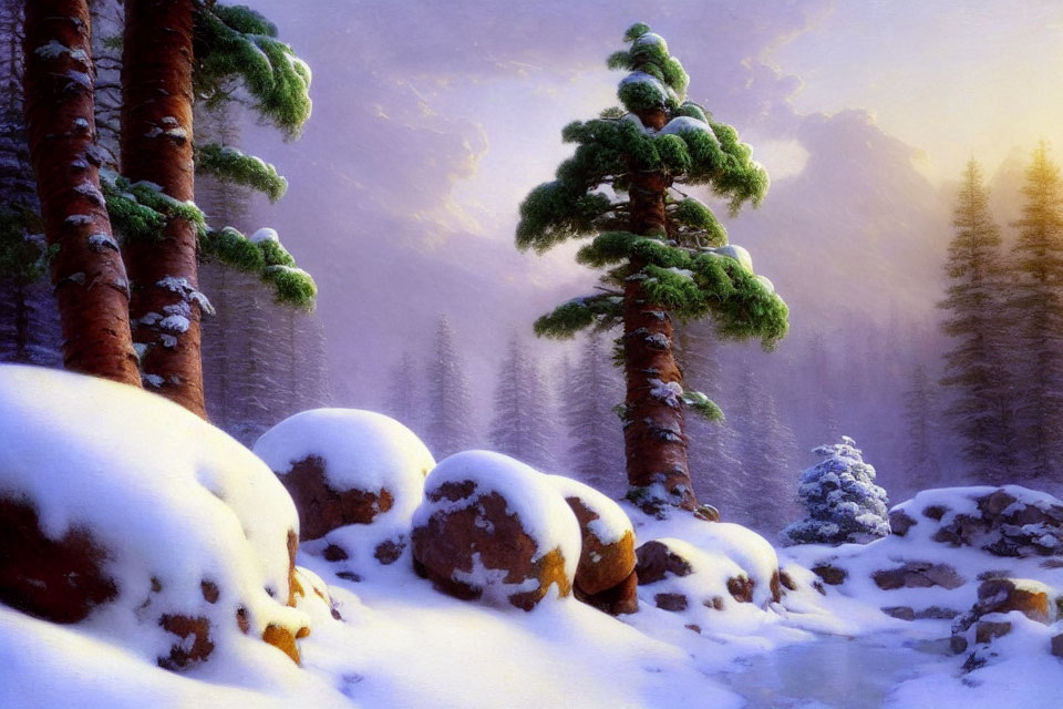 Snow-covered pines and boulders in serene winter landscape