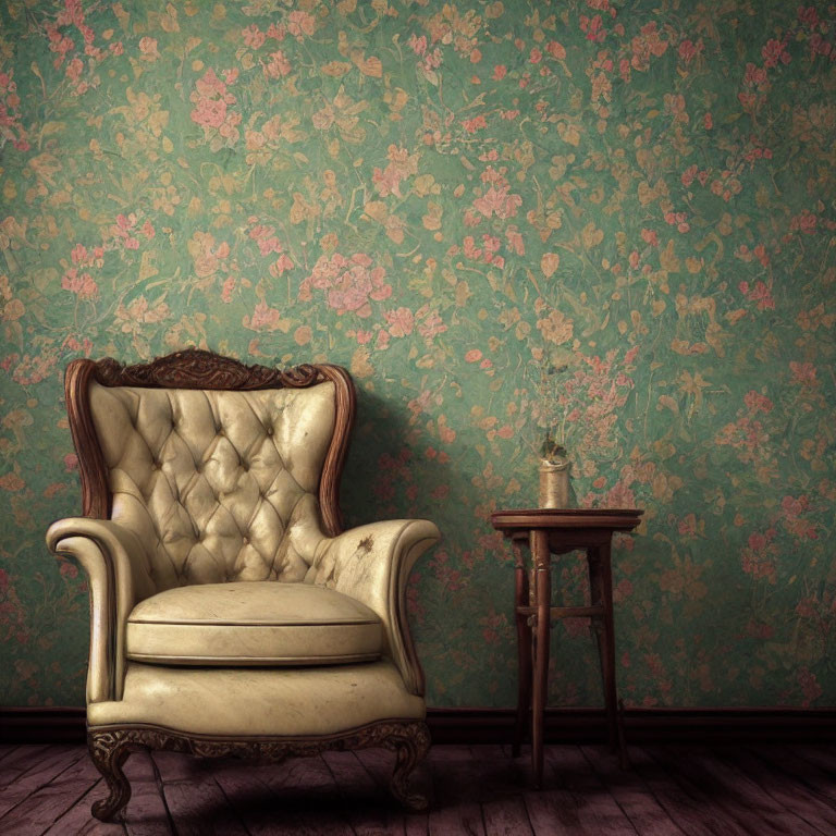 Vintage-style room with floral wallpaper, beige armchair, wooden side table, and flower vase.