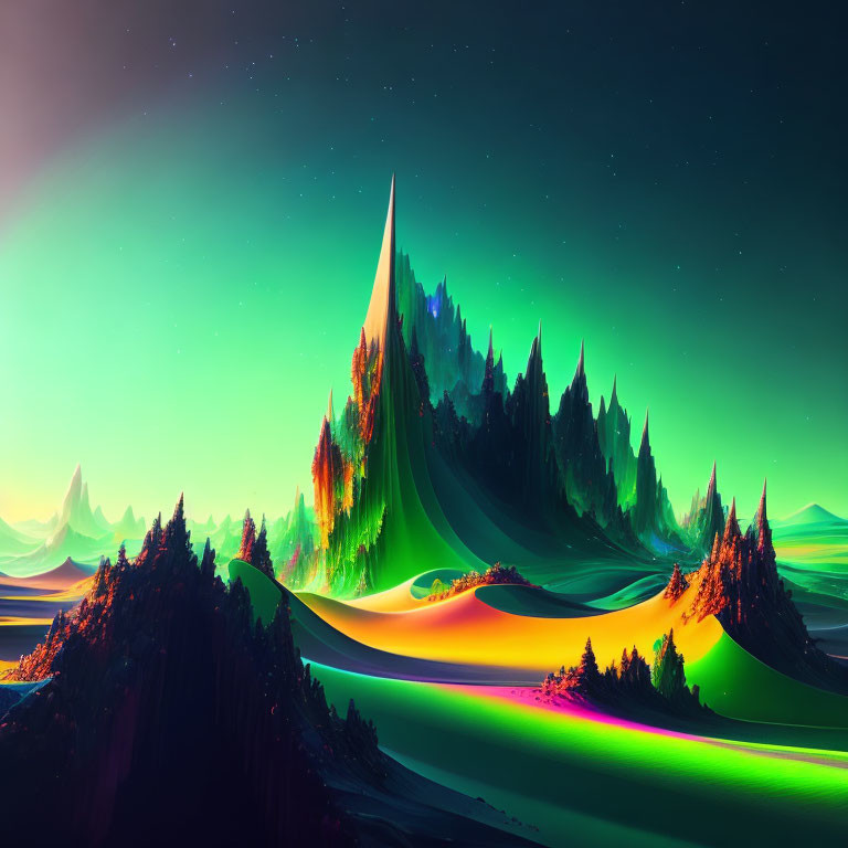 Colorful Neon Digital Landscape with Mountains and Starry Sky