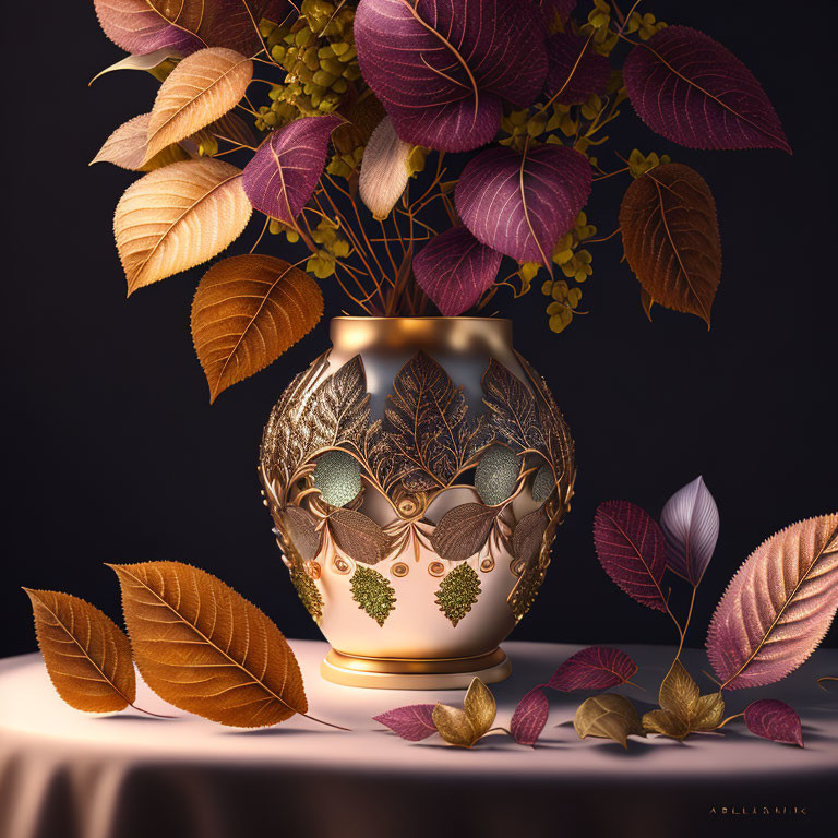 Ornate Leaf Pattern Vase Surrounded by Autumn Leaves and Yellow Flowers