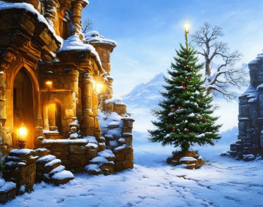 Snow-covered stone archway and illuminated Christmas tree against wintry mountain landscape