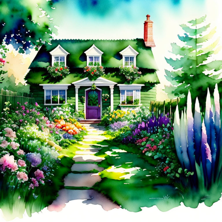 Charming Cottage Watercolor Painting with Lush Garden
