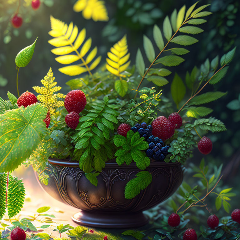 Assorted Berries and Green Leaves in Forest Setting
