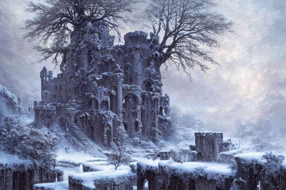 Snow-covered ancient castle in wintry landscape with bare trees and overcast skies