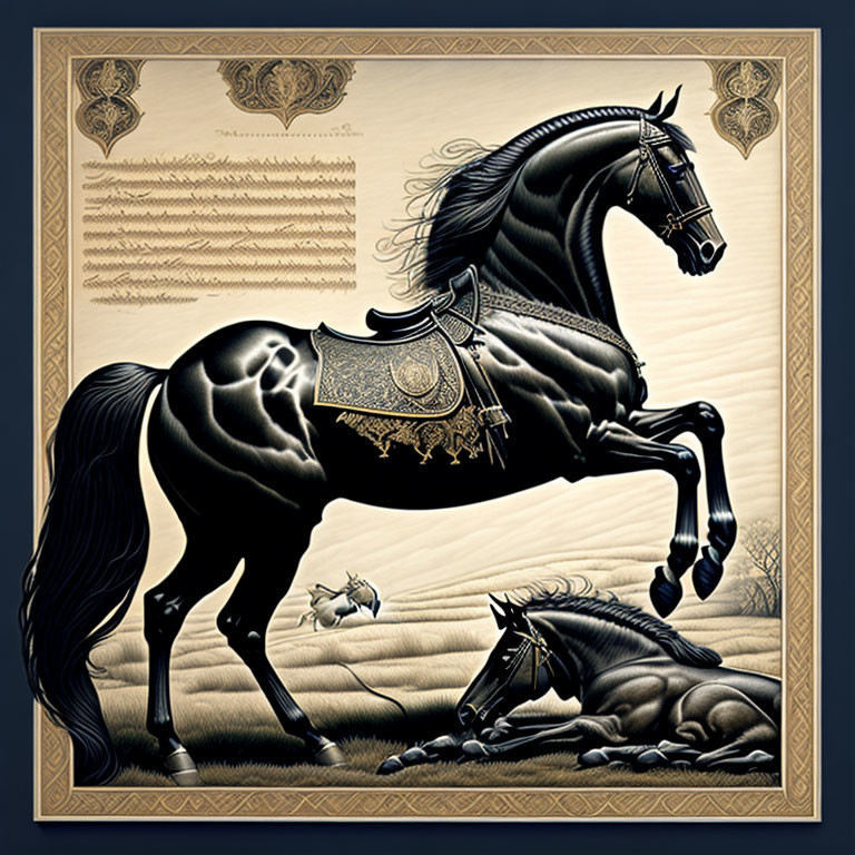 Detailed ornate black horse illustration with decorative tack and two smaller horse silhouettes on a patterned