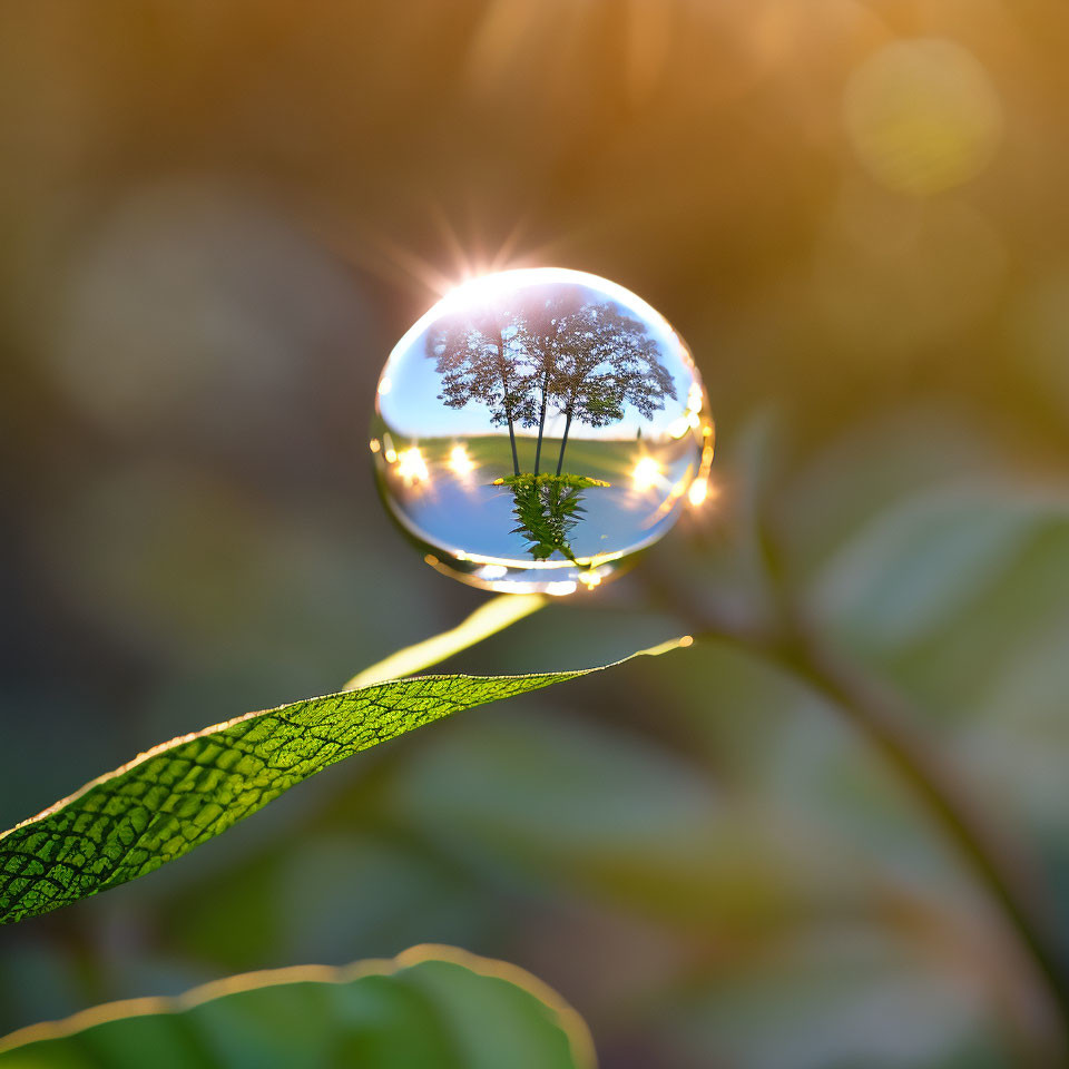 Crystal ball on leaf reflects sunset trees with radiant starburst.