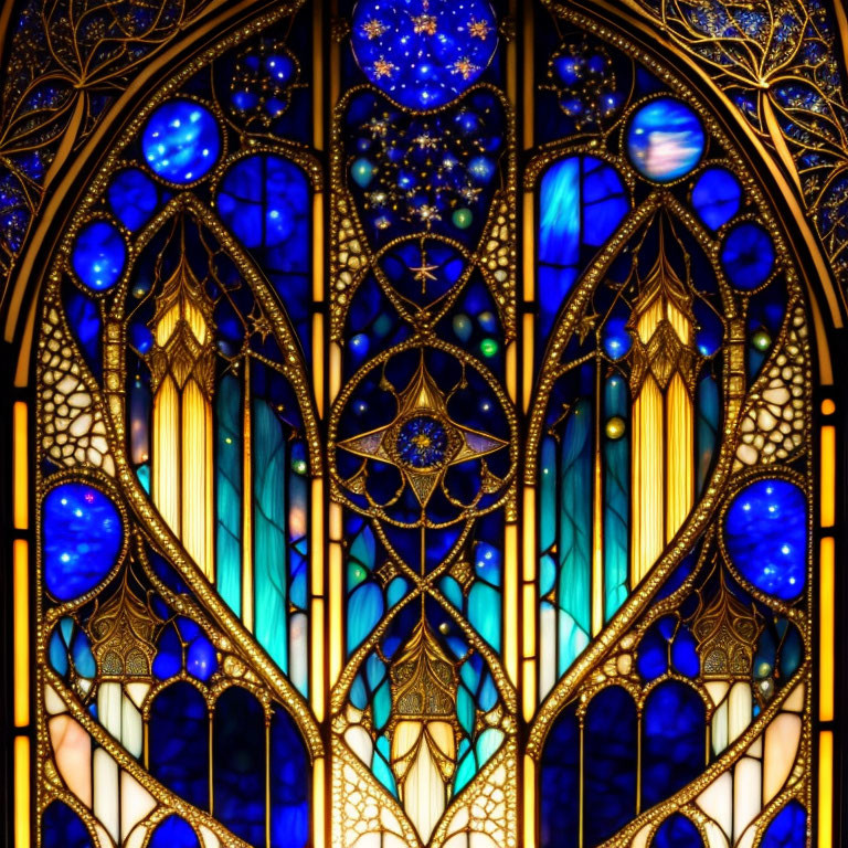 Intricate blue and gold stained glass window with starry patterns