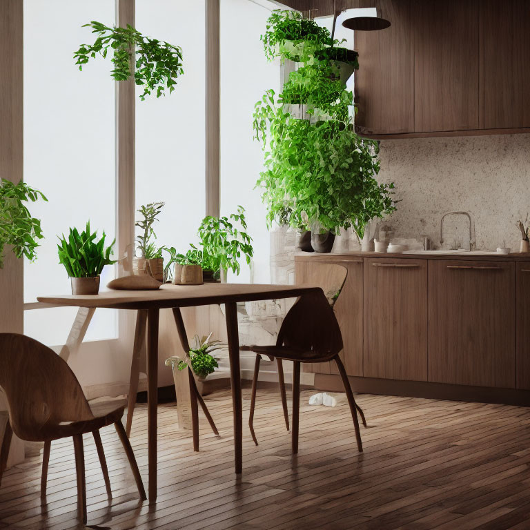 Minimalist Kitchen Interior with Wooden Furniture and Green Plants