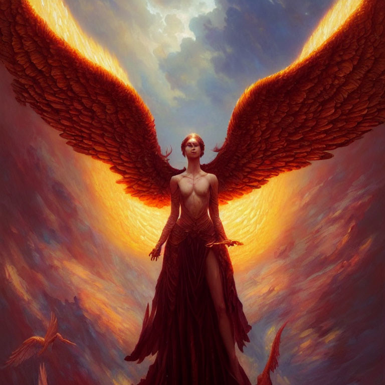Fiery-winged angel in serene pose against dramatic sky