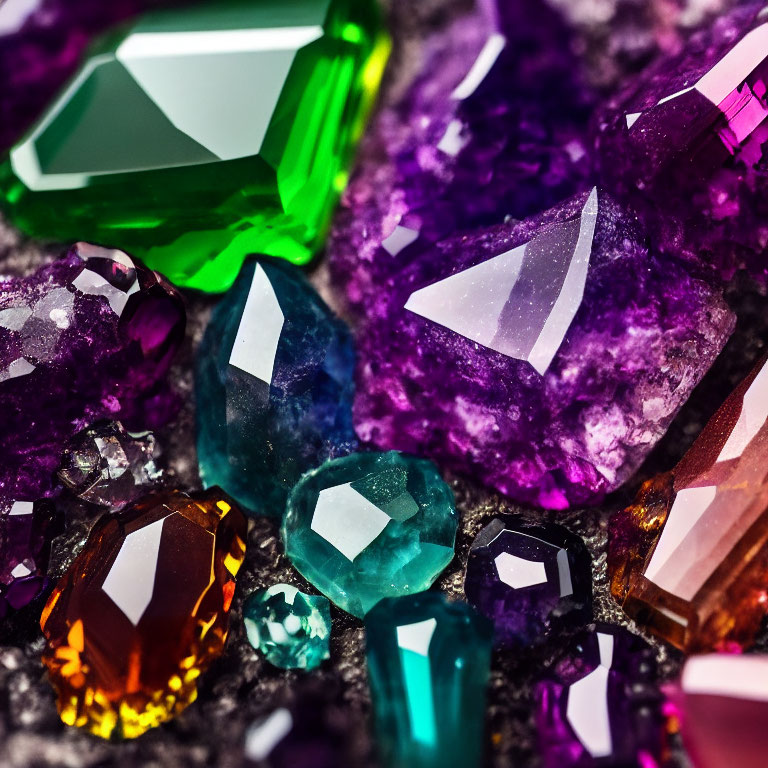 Colorful Gemstones in Various Cuts and Shapes on Sparkling Surface