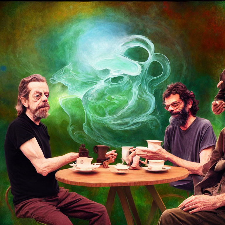 Men at table with teacups watching ornate smoke patterns