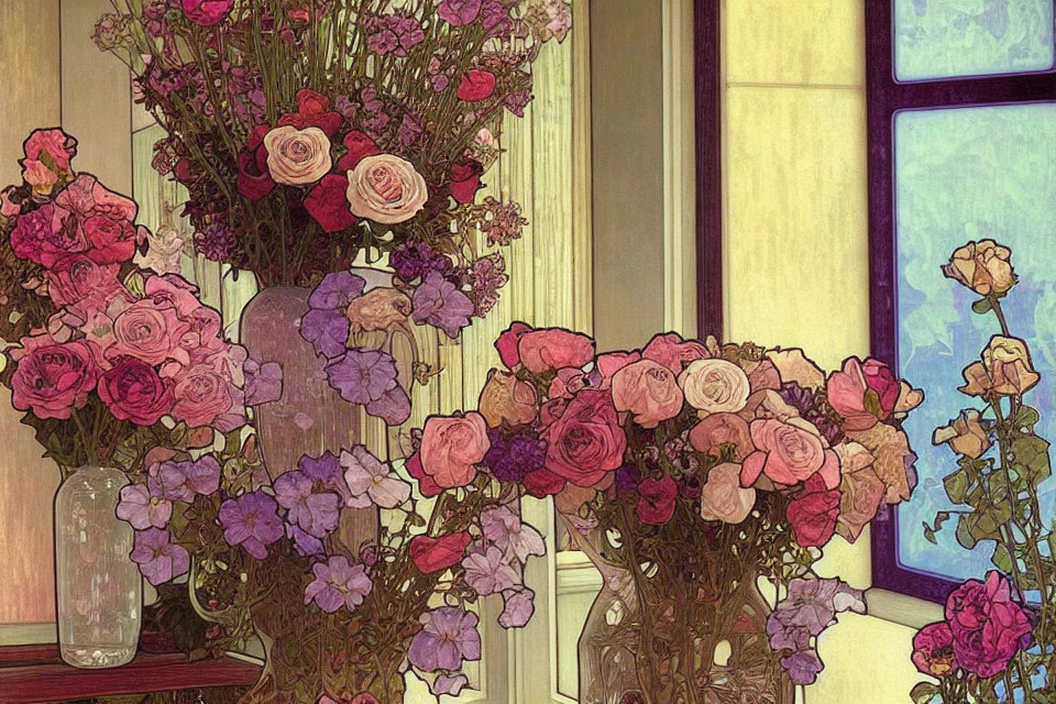 Vintage-style illustration of colorful flowers in vases by stained glass window