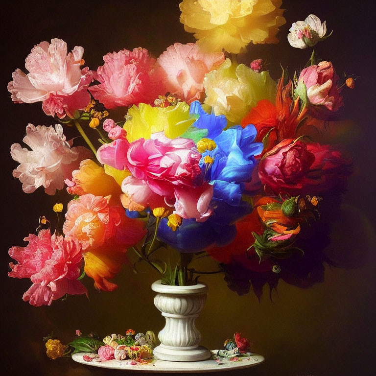 Colorful Flower Bouquet in White Vase on Floral Plate Against Dark Background