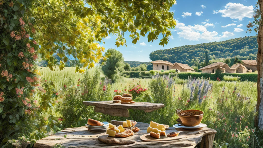 Rustic outdoor table set with cheese and bread overlooking countryside