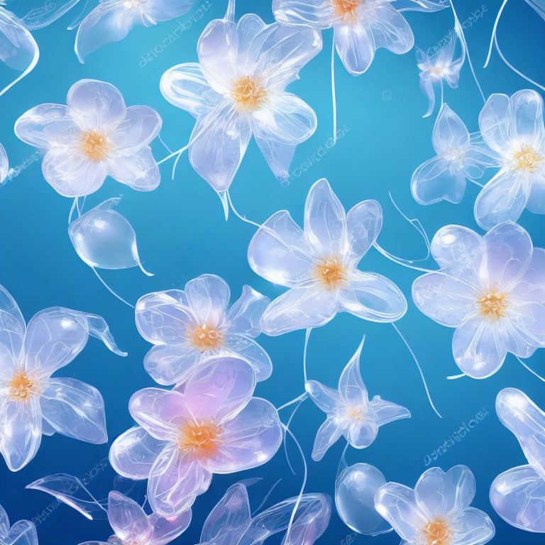 Translucent flowers with glowing centers on blue gradient background