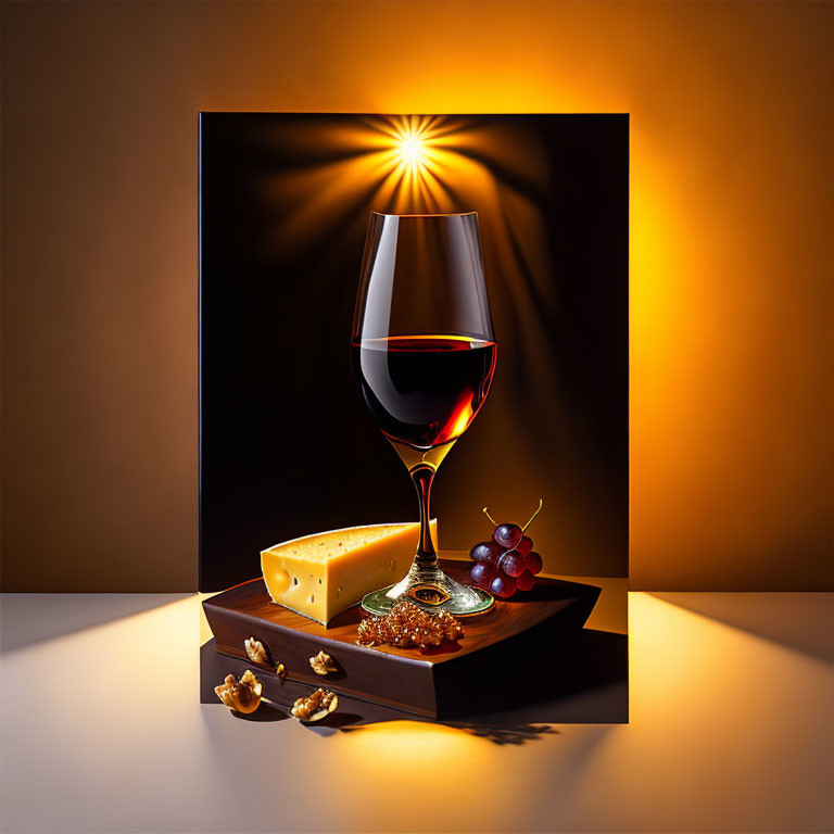 Red Wine, Cheese, Grapes, Nuts on Wooden Platter with Warm Backdrop