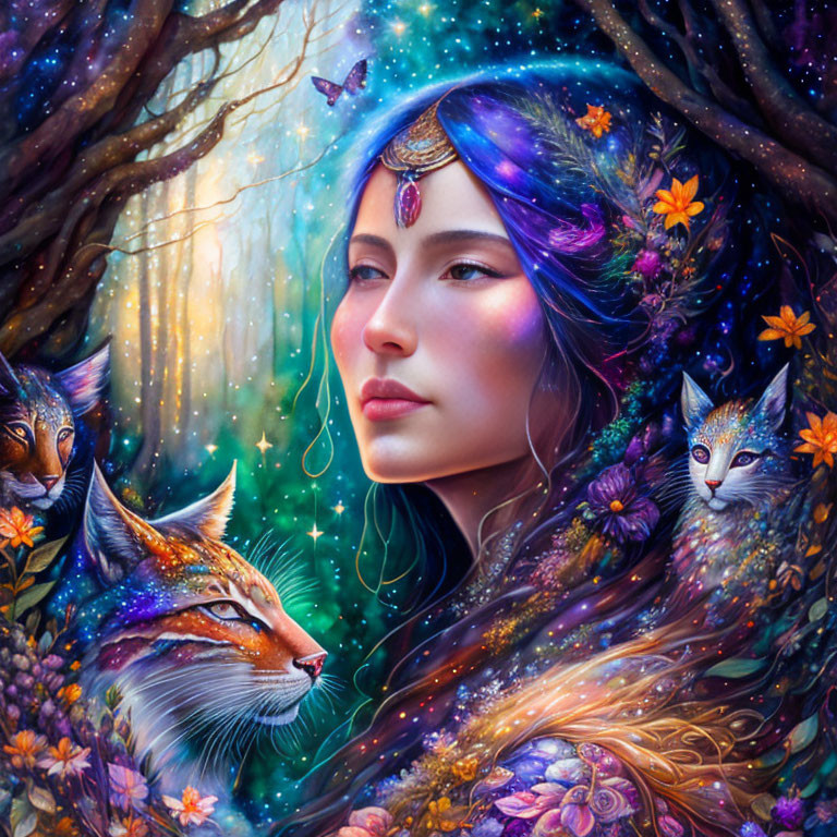 Illustration of woman with blue hair, jeweled headpiece, mystical foxes, and floral forest